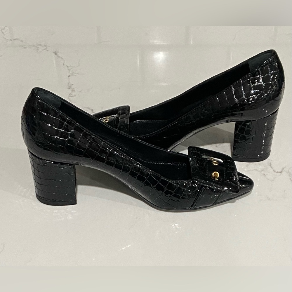AGL Black Crocodile Print Leather Block Heel Buckle Pumps Women’s Size 35 New - Picture 6 of 15